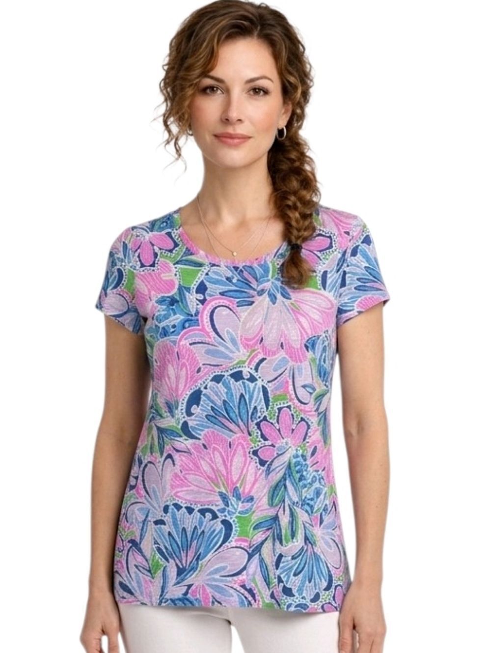 Lilly Pulitzer Etta Blue & Pink Floral Print Scoop Neck Tee Size XS